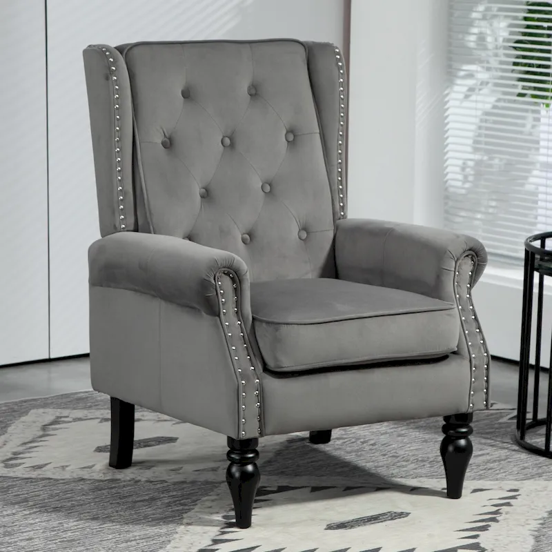 Mid-Century Velvet/Leather Upholstered Tufted Wood Frame Armchair