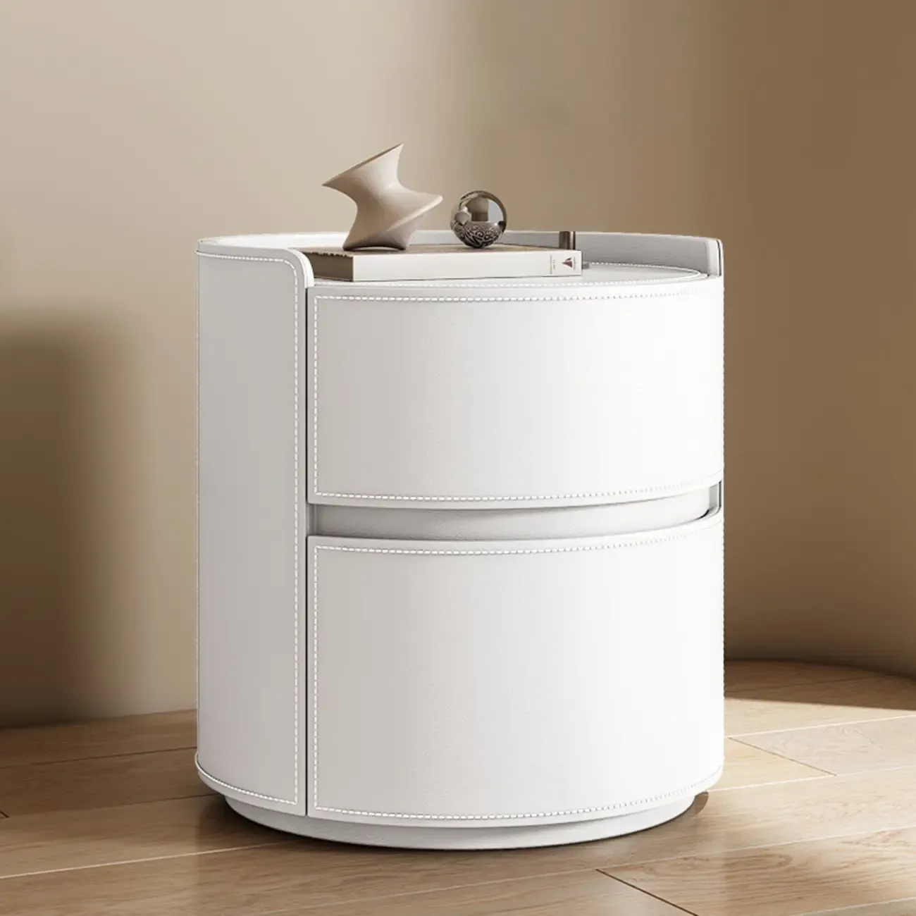 Modern Leather Tray Round 2-Drawer Nightstand