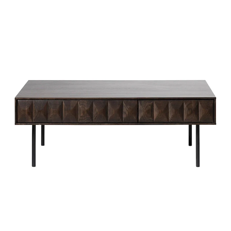 Modern Coffee Table - Espresso Oak Veneer, 2 Drawers, Matte Black Metal Base, 46W x 16.5H