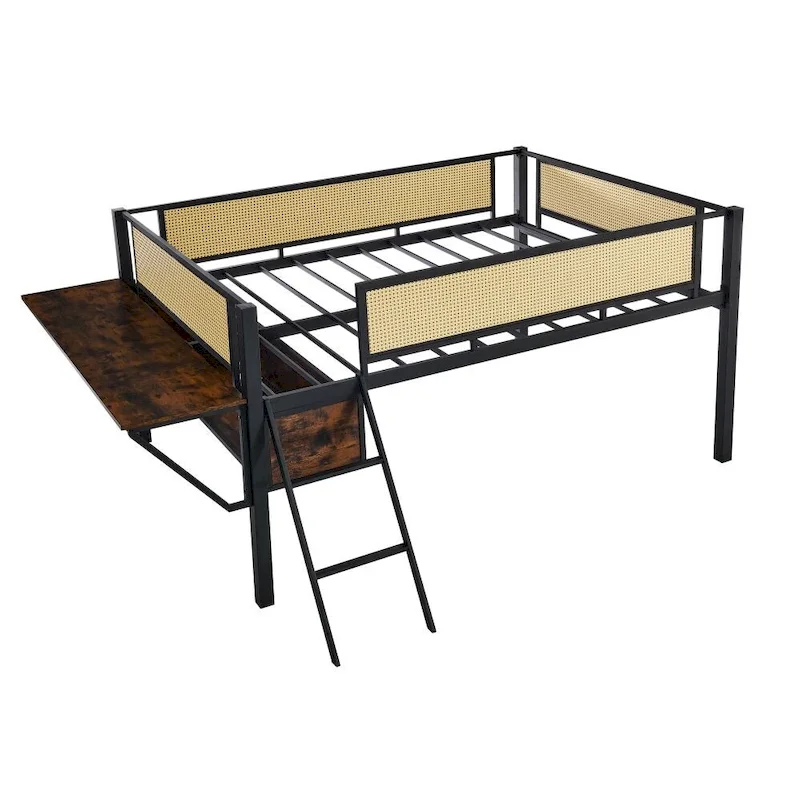 Metal Double Bed Loft Bed with Rectangular Desk, LED Lights