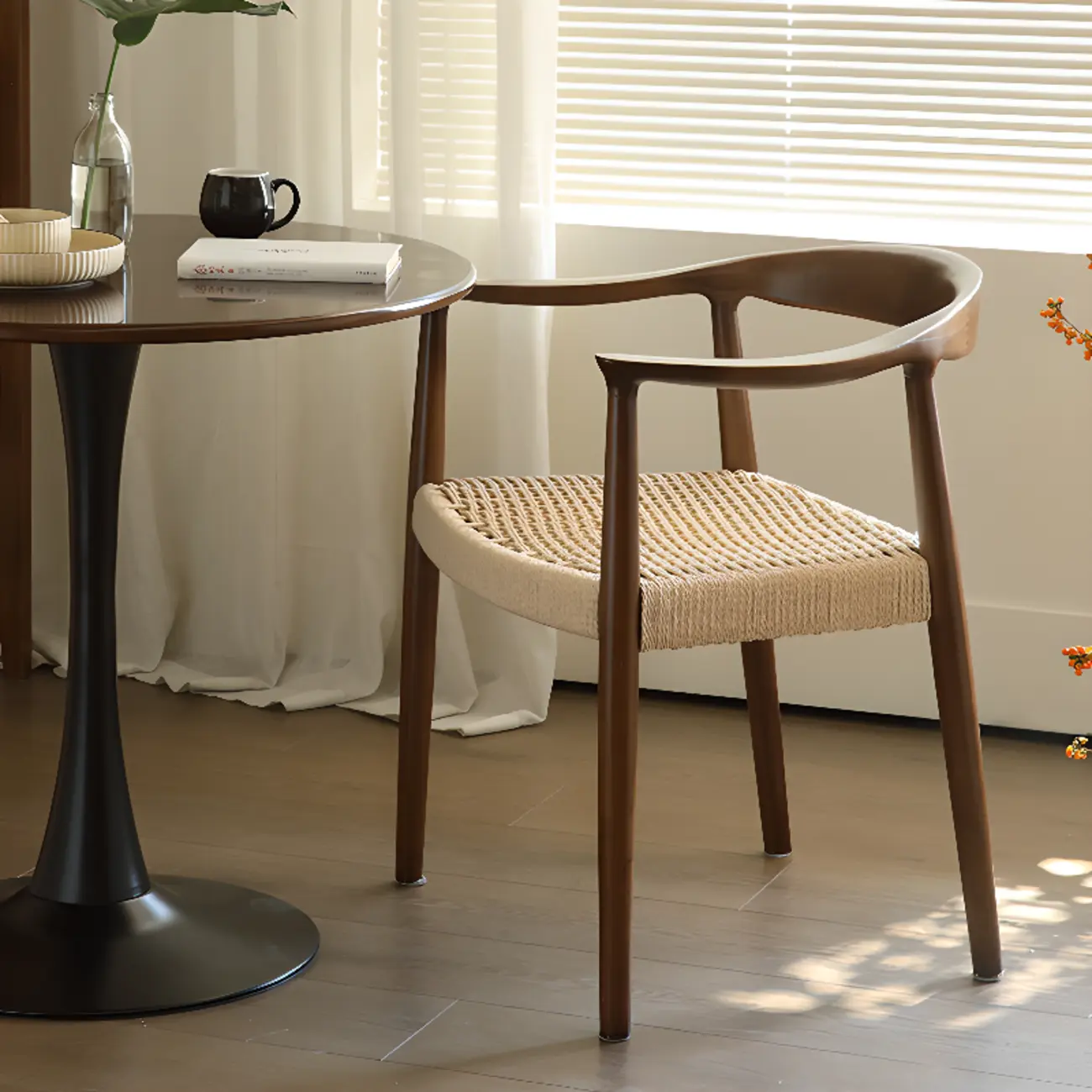 Scandinavian Curved Wood Woven Seat Armrest Dining Chair