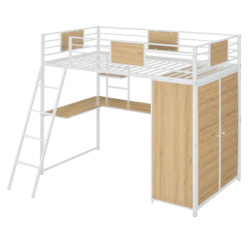 White Twin Size Metal Wood Loft Bed with L-shaped Desk and Ladder