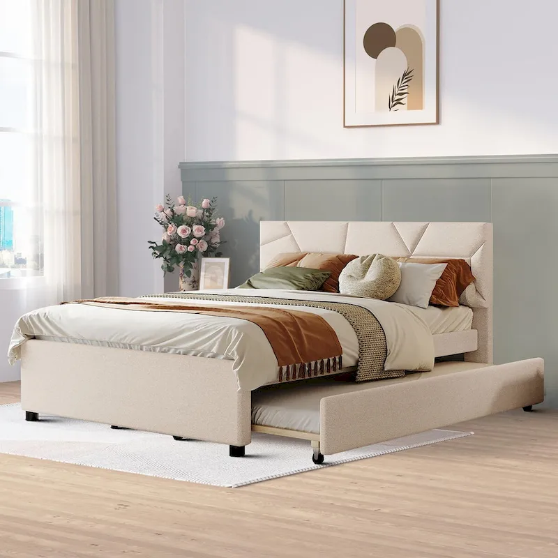 Modern Stylish Linen Fabric Upholstered Platform Bed with Trundle Bed