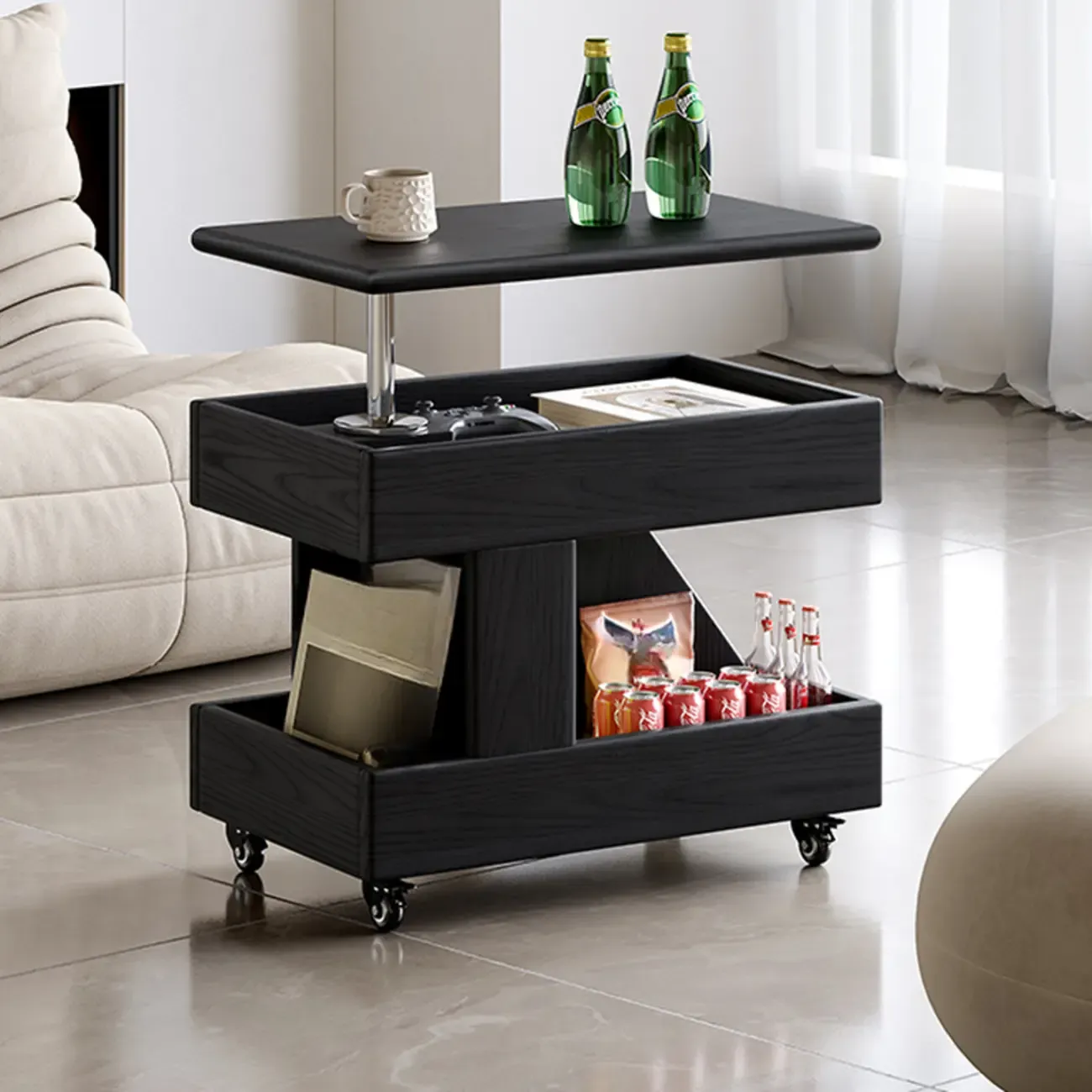 Versatile Swivel Top Modern Wood Side Table with Wheels