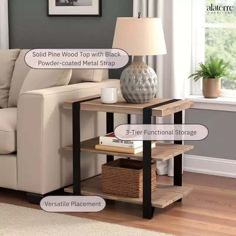 27" Modesto Wide 2 Shelf End Table with Metal Strap, Wood - Alaterre Furniture: Rustic Industrial Design, Black Frame