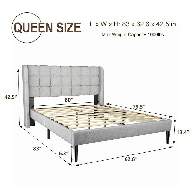 Upholstered Wingback Bed Frame with Wooden Slats