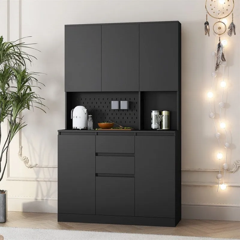 Kitchen Pantry Cabinet with Microwave Stand and 2 Drawers, Freestanding Buffet Cupboards Sideboard with Charging Station
