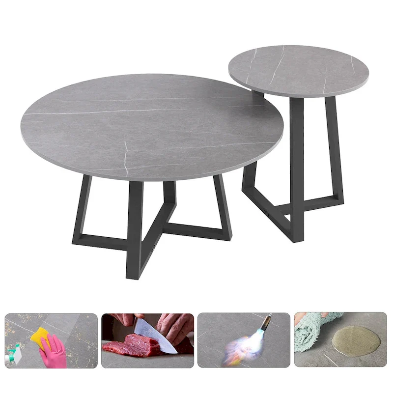 Set of 2 Round Nesting Tables Sintered Stone Marble Coffee Table - 31.5x15.7 inch
