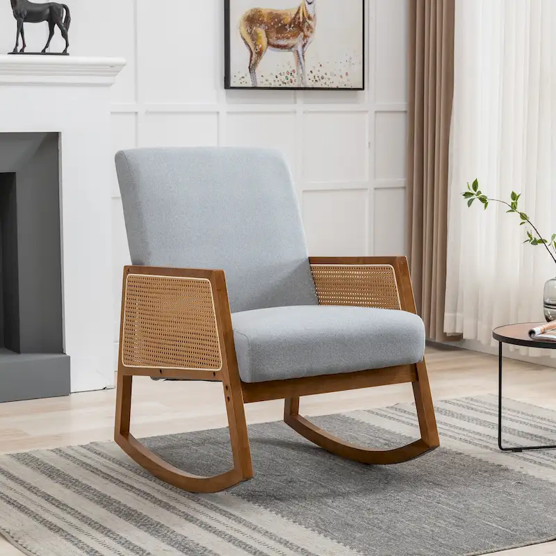Modern PU Leather Rocking Chair with Rattan Arms