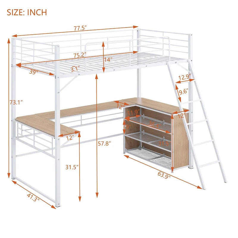 Metal Loft Bed with L-shaped Desk and 3 Layers of Shelves, Reversible Ladder