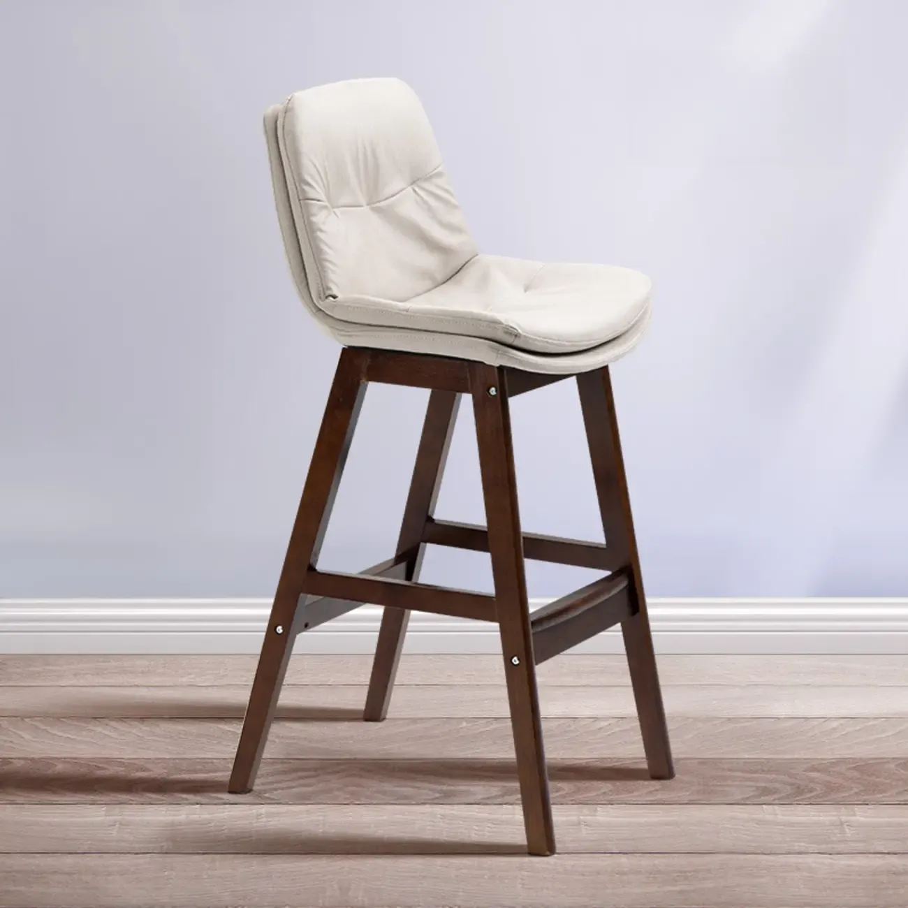 Scandinavian Wood Frame Leather Ergonomic Bucket Bar Stool