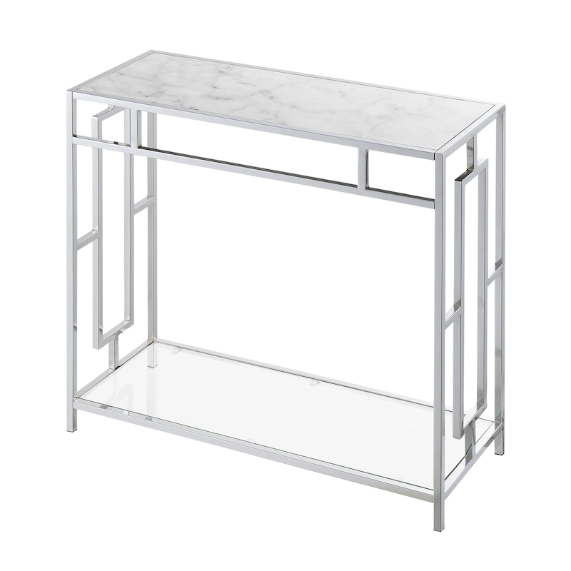 Convenience Concepts Town Square Chrome Faux Marble Glass Hall Table with Shelf