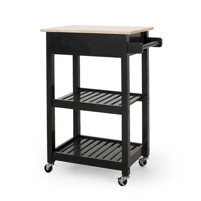 Compact Wooden Kitchen Cart with Wheels Shelves and Drawer