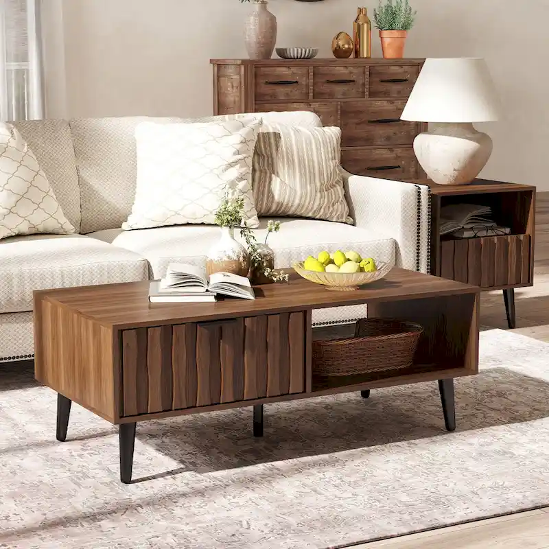 2-Drawer Mid-Century Modern Rectangular Coffee Table with Storage - 47.24L x 23.62W x 17.72H