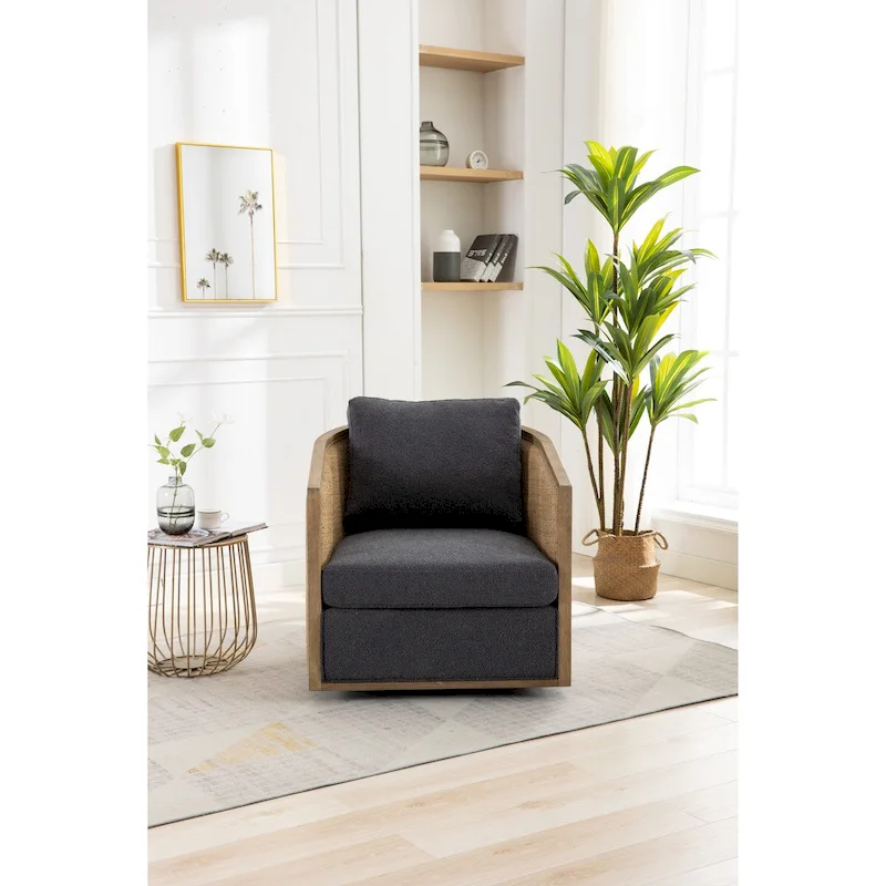 Swivel Barrel Chair, Comfy Round Accent Chair, 360 Degree Swivel Barrel Club Chair, Leisure Arm Chair with Rattan Woven Frame