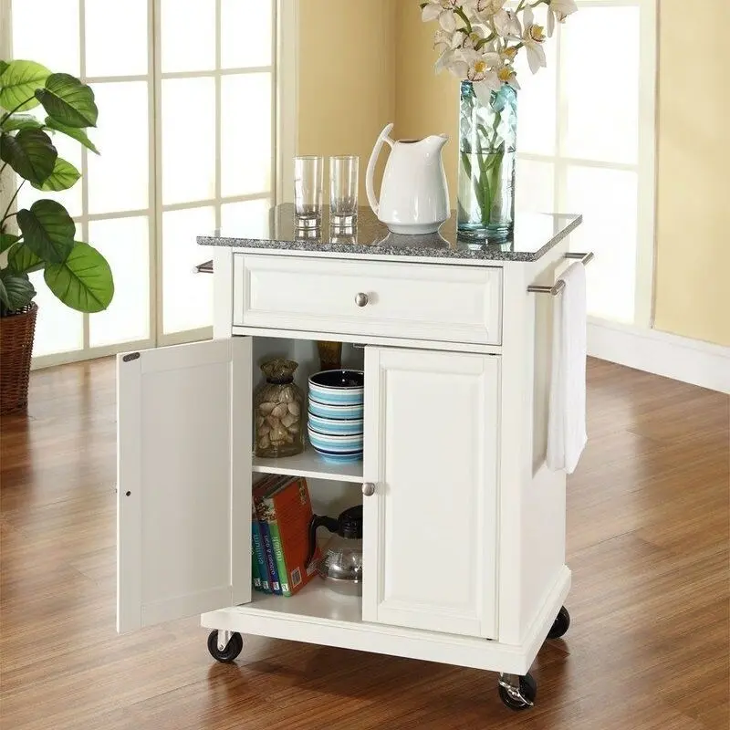 White Kitchen Cart with Granite Top and Locking Casters Wheels - W 28.25 X D 18 X H 36 inch