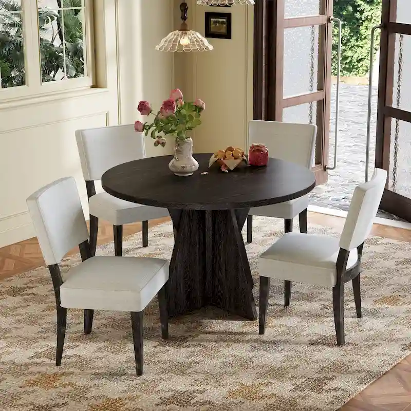 5-Piece Round Dining Table with 4 Upholstered Chairs