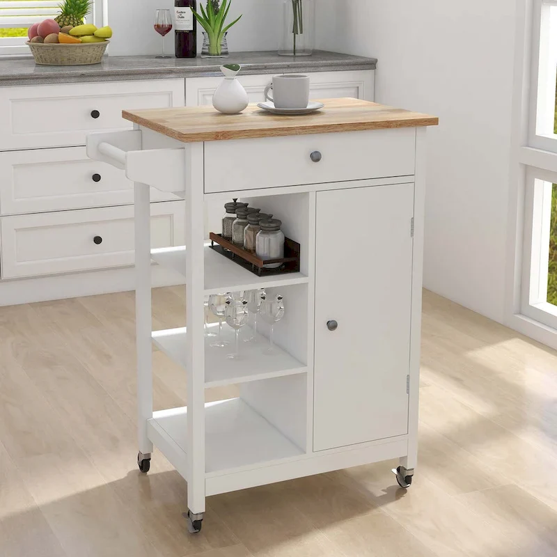 White Rolling Kitchen Island with Towel Rack