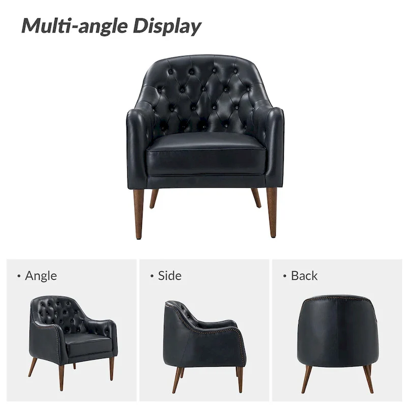 Melisa Classic Genuine Leather Wood Legs Barrel Chair With Tufted Back By HULALA HOME