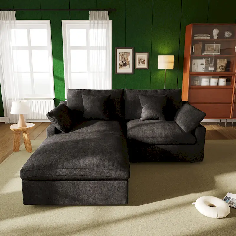 82.68 Down Filled Sectional Couch L-shape Linen Upholstered Loveseat with Ottoman