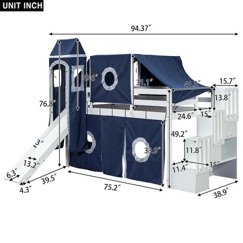 Twin Pine Loft Bed with Staircase, Slide, Tent, Tower, and Guardrail