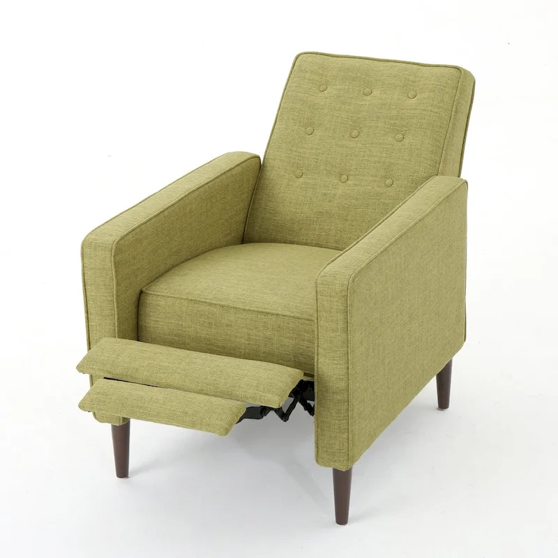 Green Fabric Mid-Century Upholstered Push Back Recliner with Footrest, Button-tufted Backrest, Beech Wood Legs