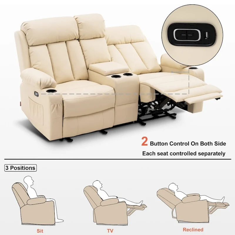 MCombo Electric Power Reclining Sofa with Heat & Massage, Faux Leather 6095/6075/6077