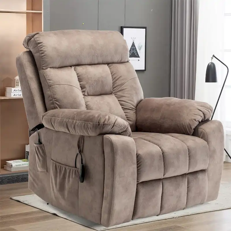 Power Lift Recliner, Massage & Heat, Velvet, 8-Point Massage, Cup Holder, Reclines 160°, Seats 1, Light/Dark Brown
