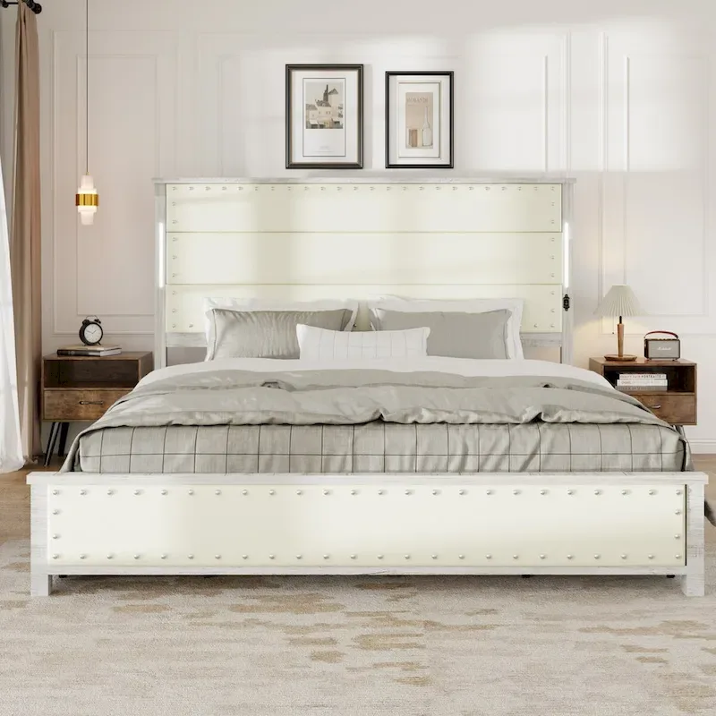 King Bed Frame with Headboard&Charging Station, 4 Drawers, LED Lights, Wood Slats, Faux Leather & Rivets, No Box Spring Needed