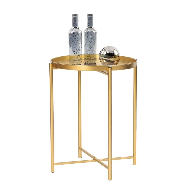 Adeco Gold End Table Metal Waterproof Snack Beside Table Accent Coffee Table - 16.9(D)x 16.9(W)x 20.5(H)