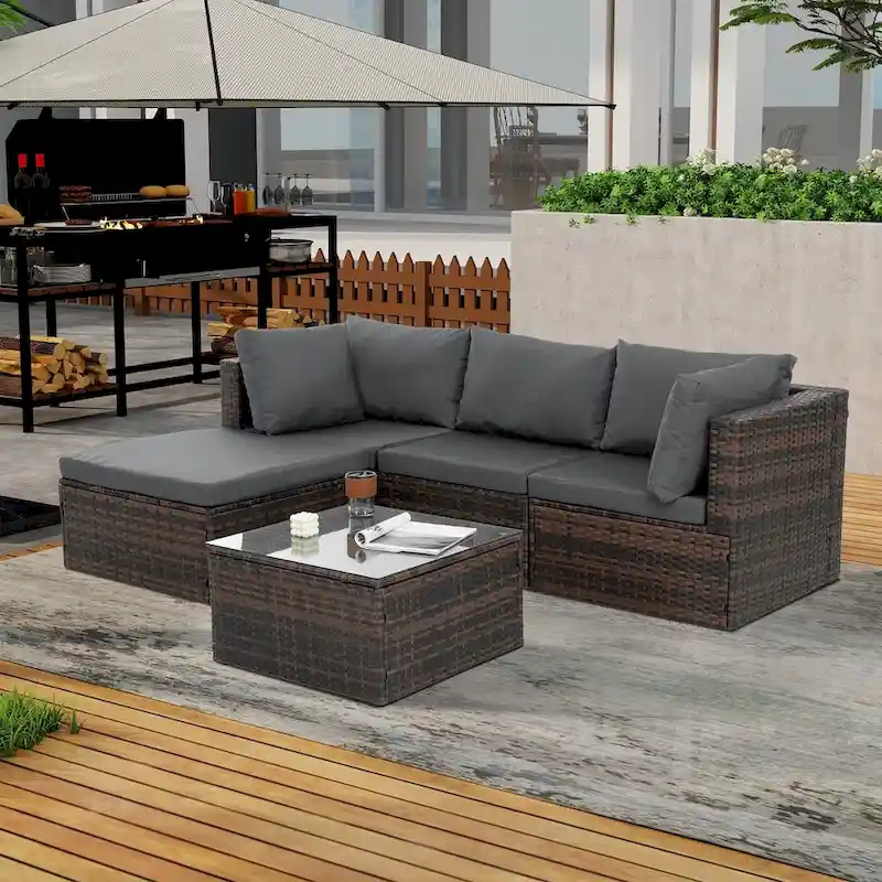 5-Piece PE Rattan Wicker Patio Conversation Set with Cushions