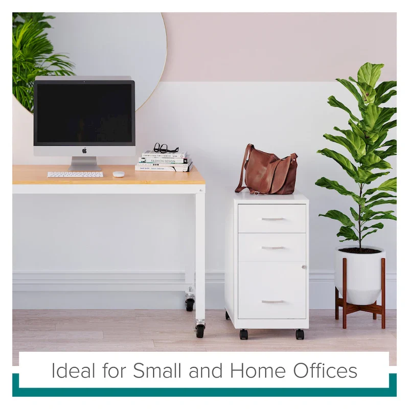 18 Deep 3 Drawer Mobile Metal Cabinet, Pearl White