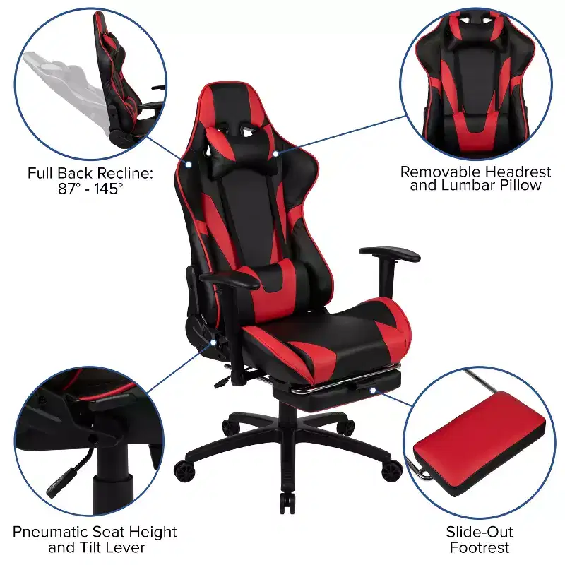 Flash Furniture X30 Gaming Chair Racing Office Ergonomic Computer Chair with Fully Reclining Back and Slide-Out Footrest in Red LeatherSoft