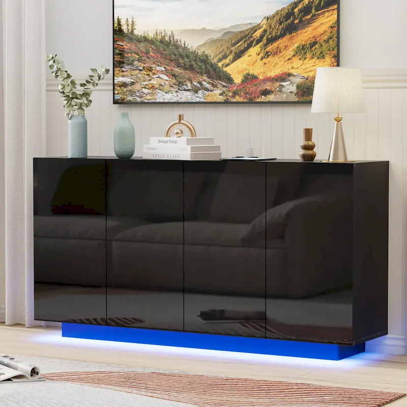 Buffet Cabinet with Storage Bar Cabinet LED light High Gloss Doors for Bedroom, Living Room