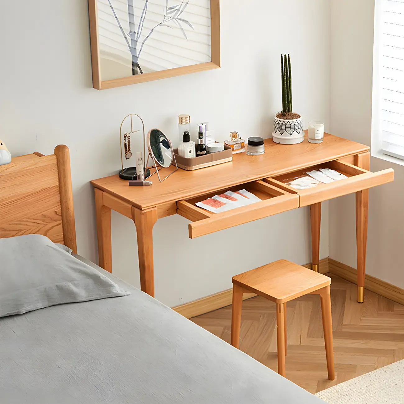 Natural Wood Entryway Console Table with Drawers