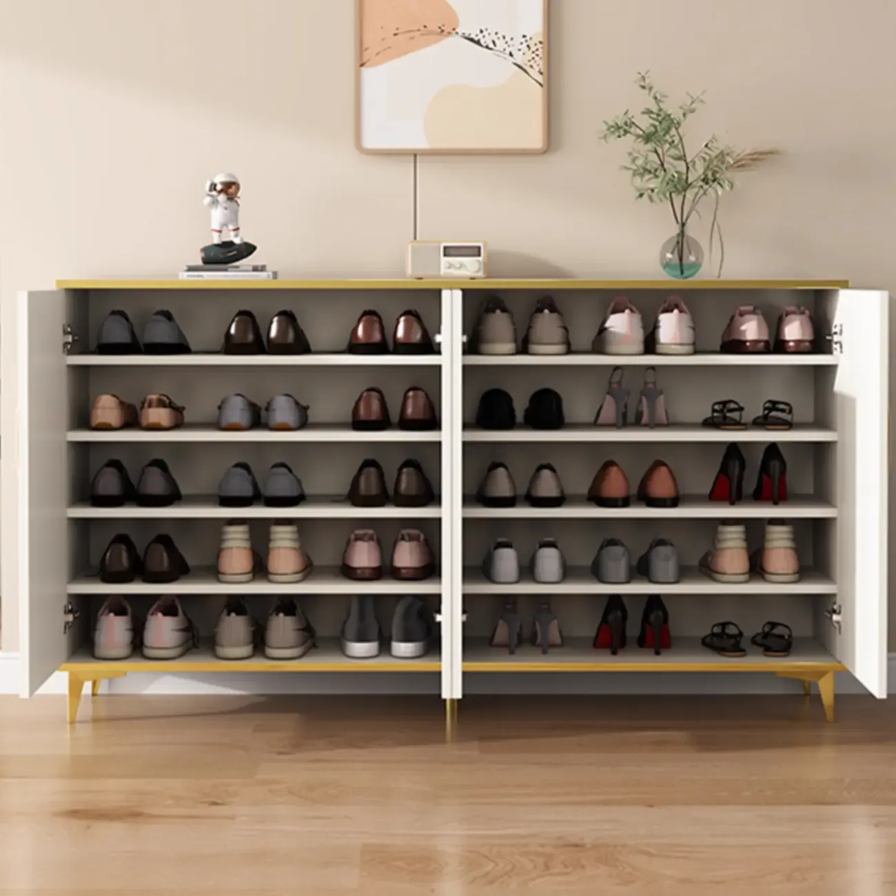 Trendy Grey Wood Hallway Shoe Cabinet with Gold Legs