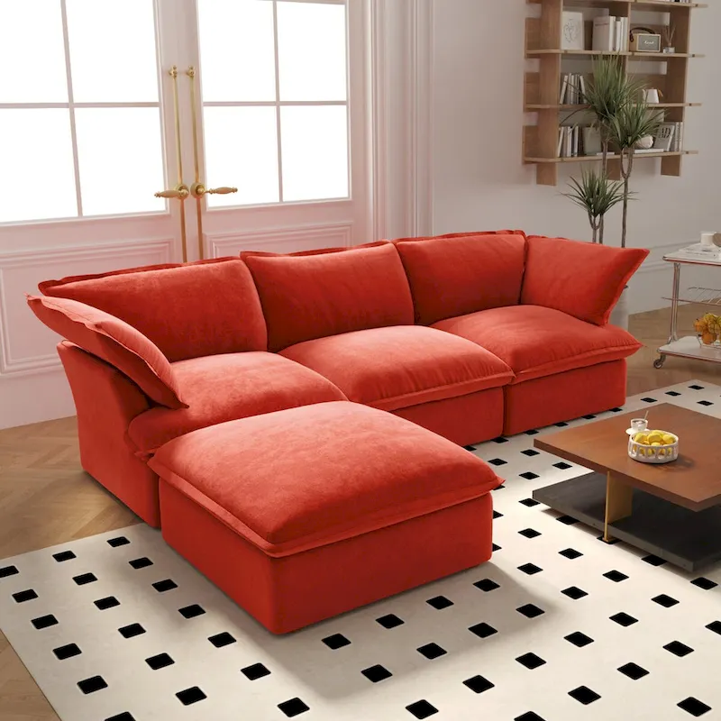 Cloud Sectional Sofa Down Feather Modular Couch L-shaped Velvet Wide Deep Seat Convertible Sofa.