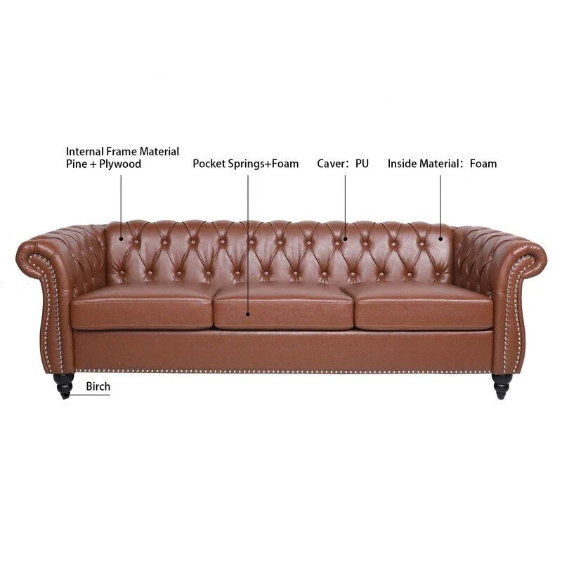 GEITIN 84.65 PU Rolled Arm Chesterfield 3 Seater Sofa