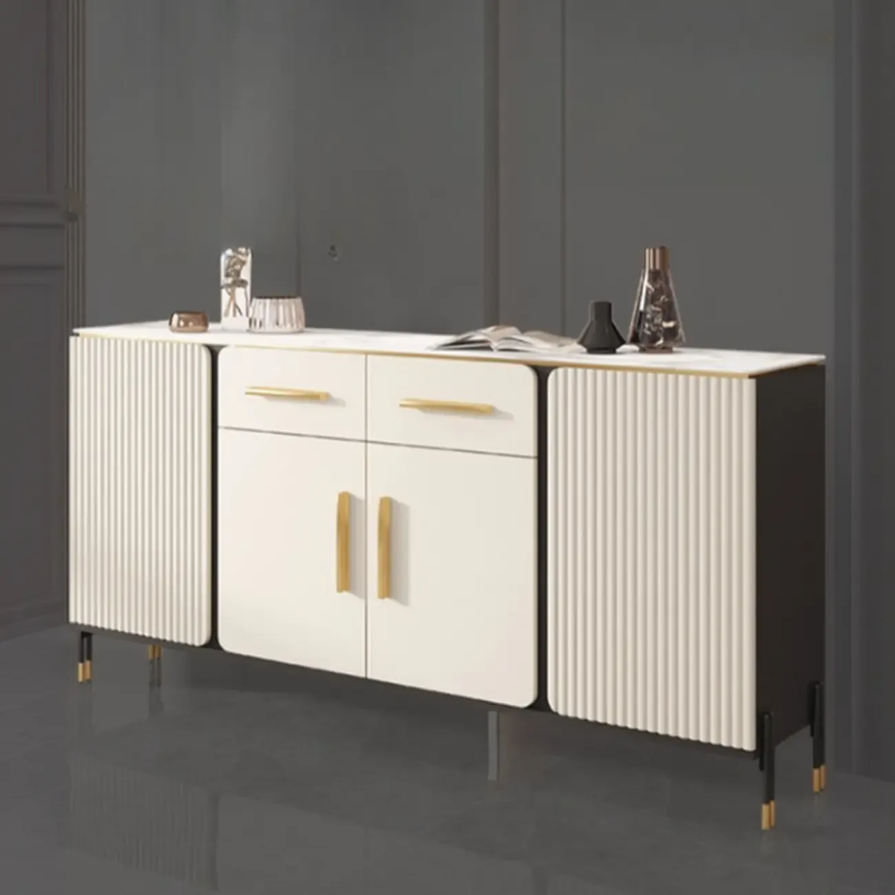 Glam White Sideboard with Stone Top and Drawers