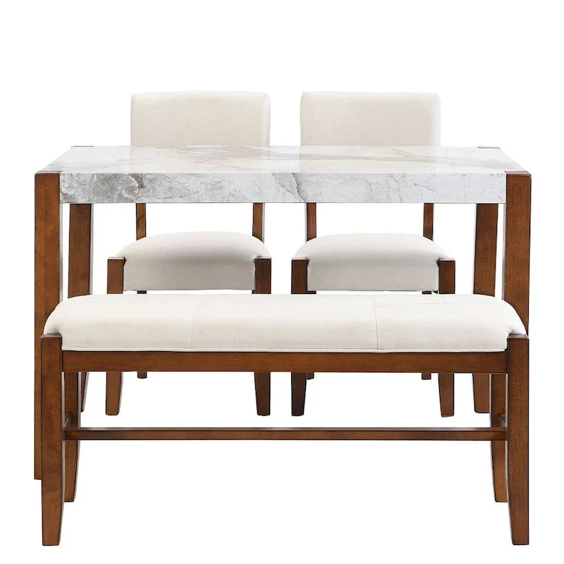 4-piece Dining Set with Faux Marble Style Table and 2 Upholstered Chairs & Bench with Wood Legs