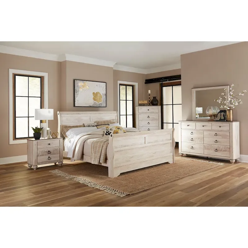 5-Piece Contemporary White Wash Bedroom Set with Sleigh Bed, Dresser, Mirror, Nightstand, and Chest