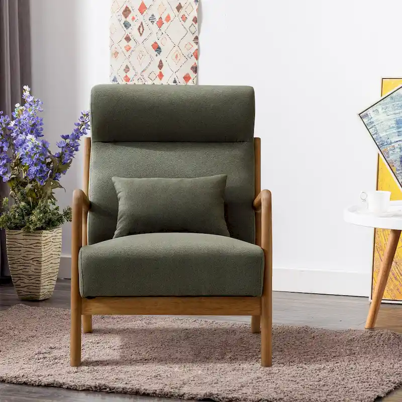 Upholstered Linen Blend Accent Chair with Wooden Legs and One Pillow