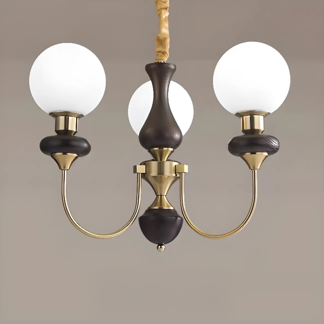 Simple Wood Gold White Glass Orb Chandelier