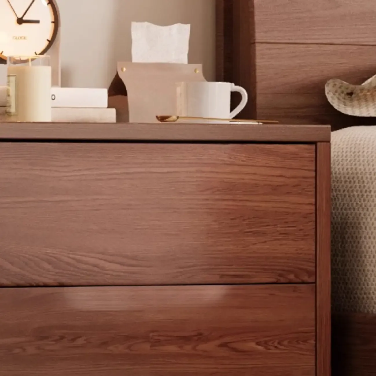 Traditional Wooden Nut-Brown Bedside Double Drawer Nightstand