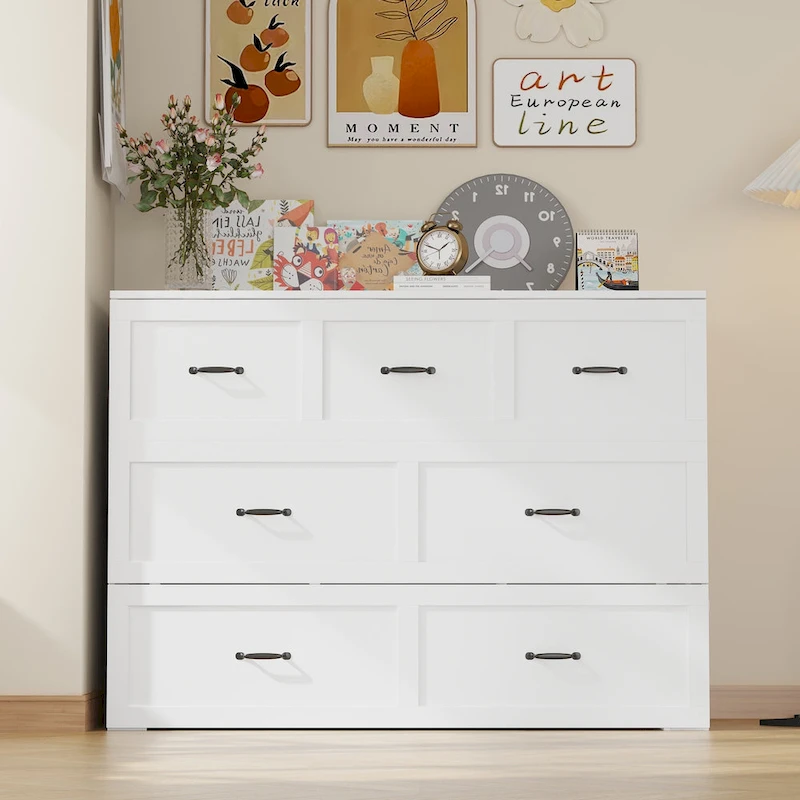 Modern Wood Full Murphy Bed Chest in White Finish Dresser 2-1 Cabinet