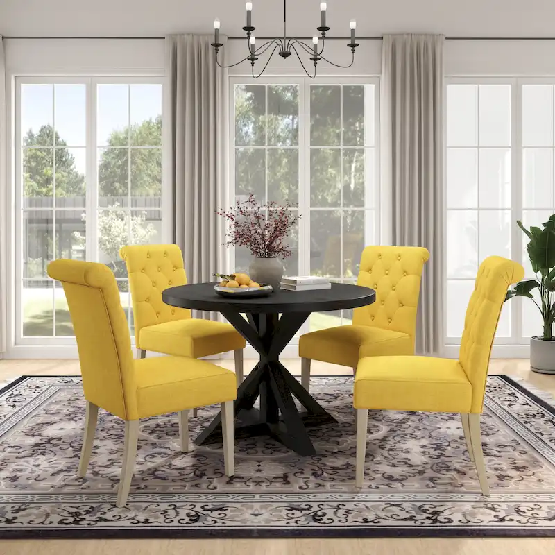 Roundhill Furniture Banff 5-Piece Round Dining Set, Cross-Buck Round Table with 4 Tufted Chairs