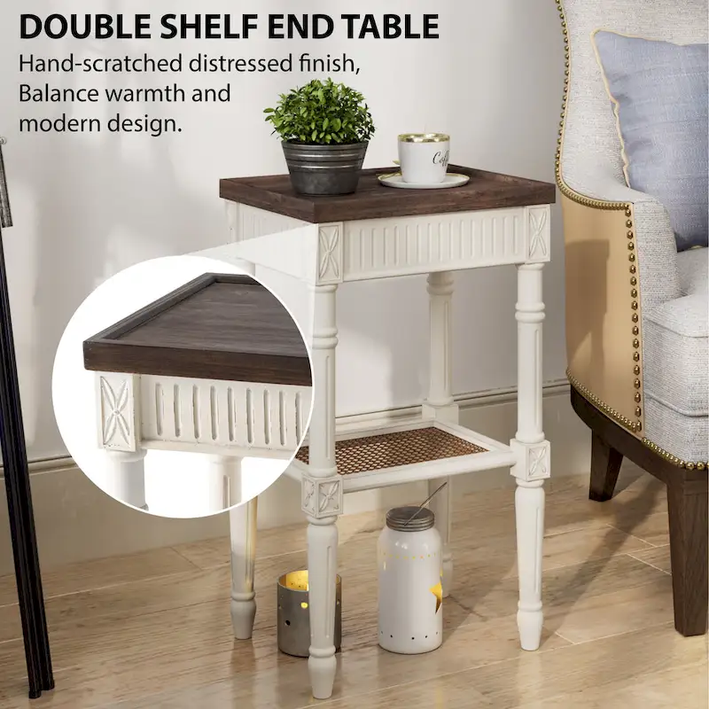 French Country Side Table, White/Black, Tray Top & Wicker Shelf, Distressed