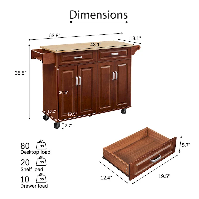 Mobile Kitchen Island Cart With 2 Drawers and 4 Swivel Casters