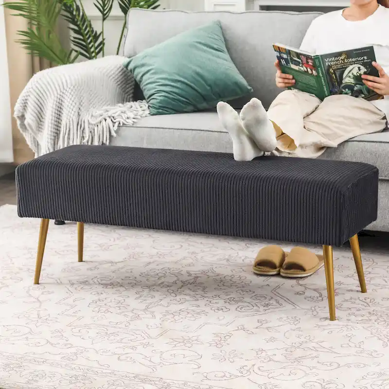 Adeco 43 Inch Velvet Bench Bed End Entryway Bench with Gold Legs