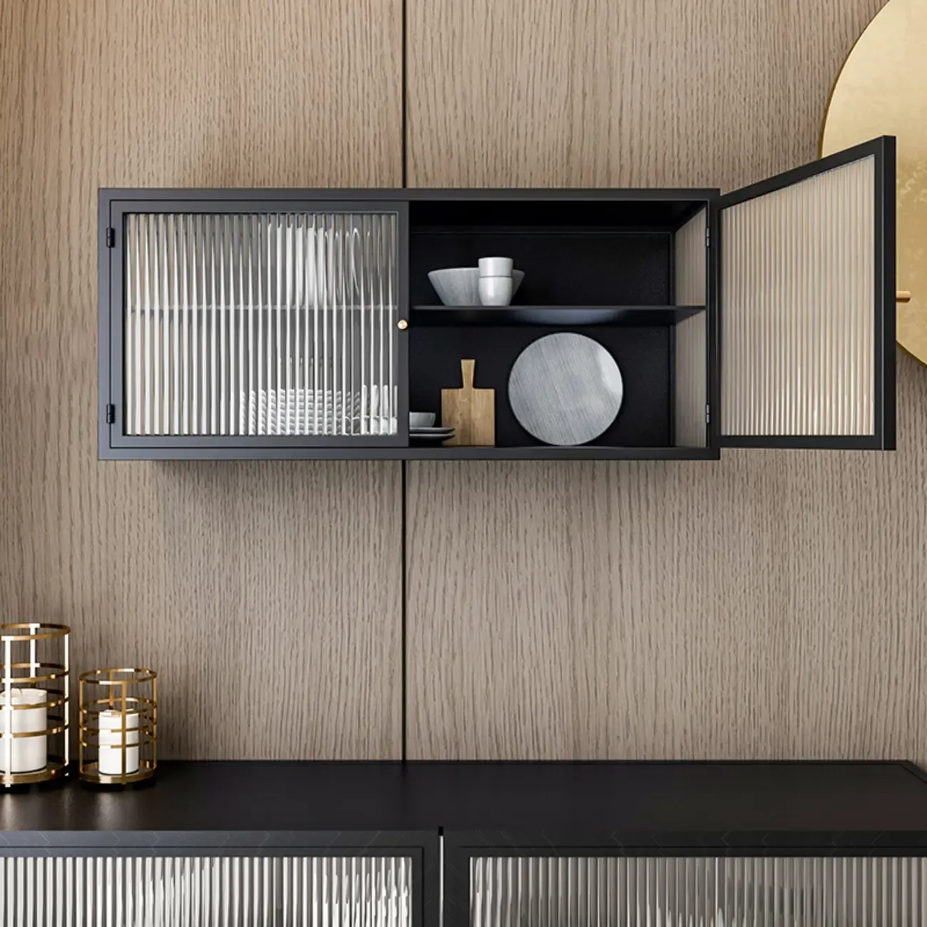 Black Metal Wall-Mounted Kitchen China Cabinet